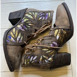 Miss Macie 3" Block Heel Leather Cutout Lace Up Ankle Southwest Boot Shoes Sz 9